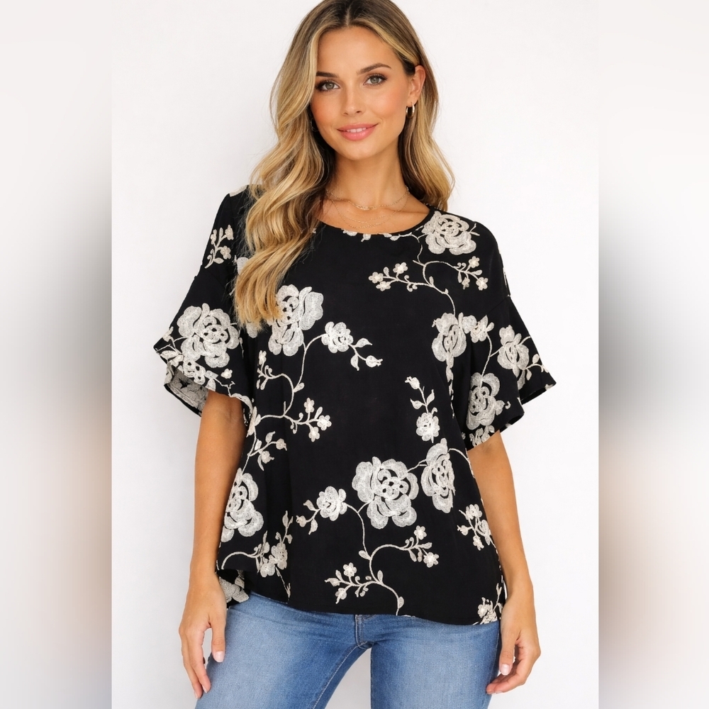 Beige Eci Roses Blouse Embroidered Womens‎ XL Flare Sleeves Party Black